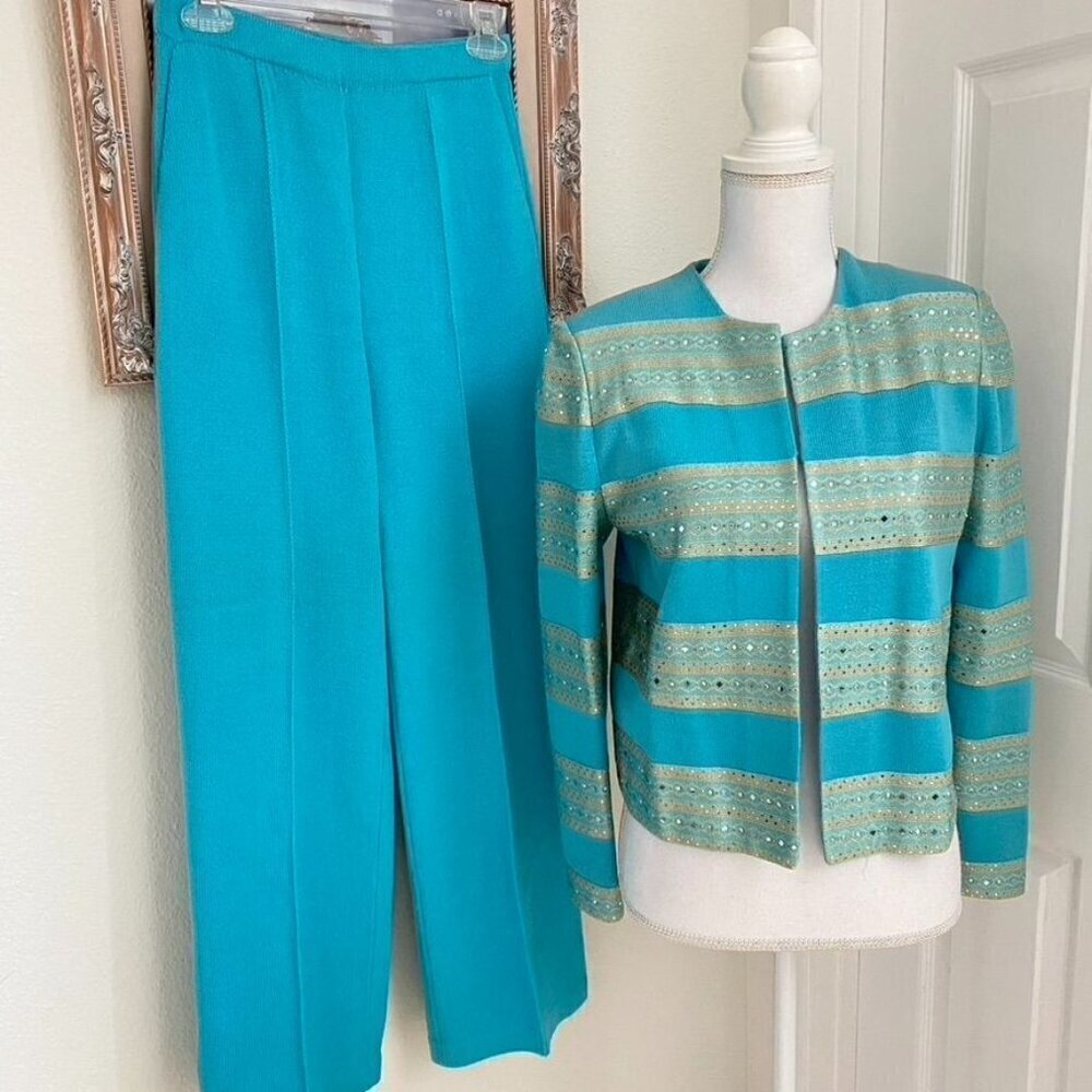 Vintage Y2K St. John Collection Turquoise Sequin Knit Crop Blazer Pants Set Size